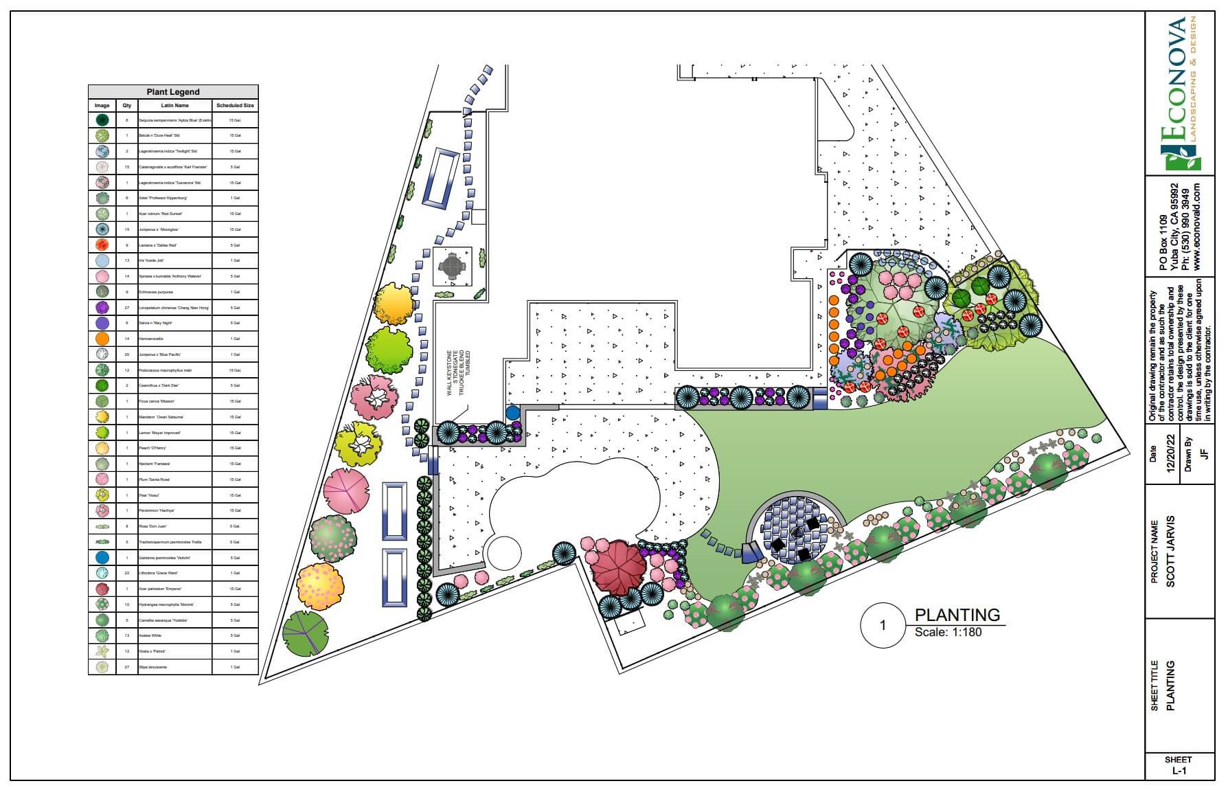 Colorful landscape planting plan with plant legend