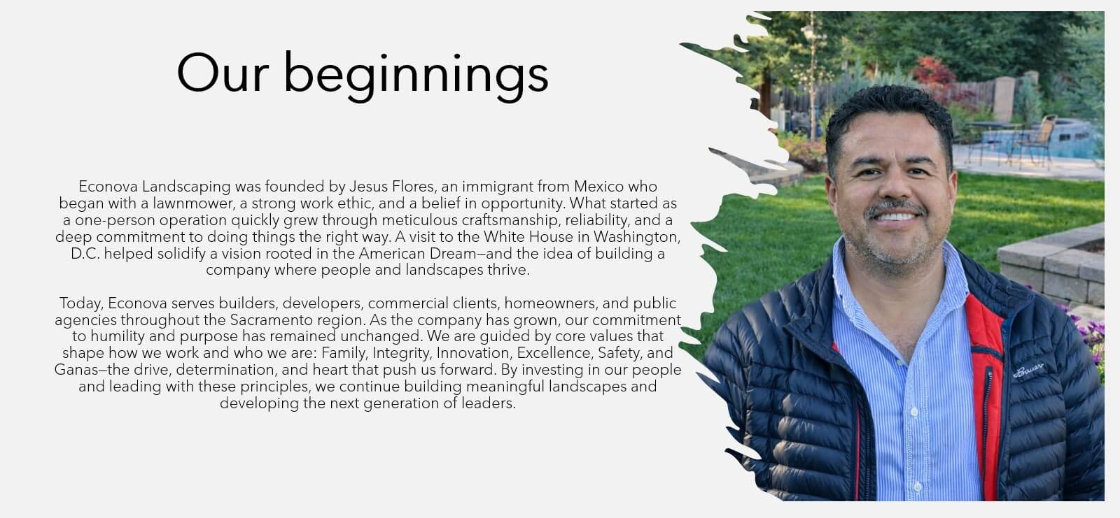 Smiling man portrait beside "Our beginnings" text