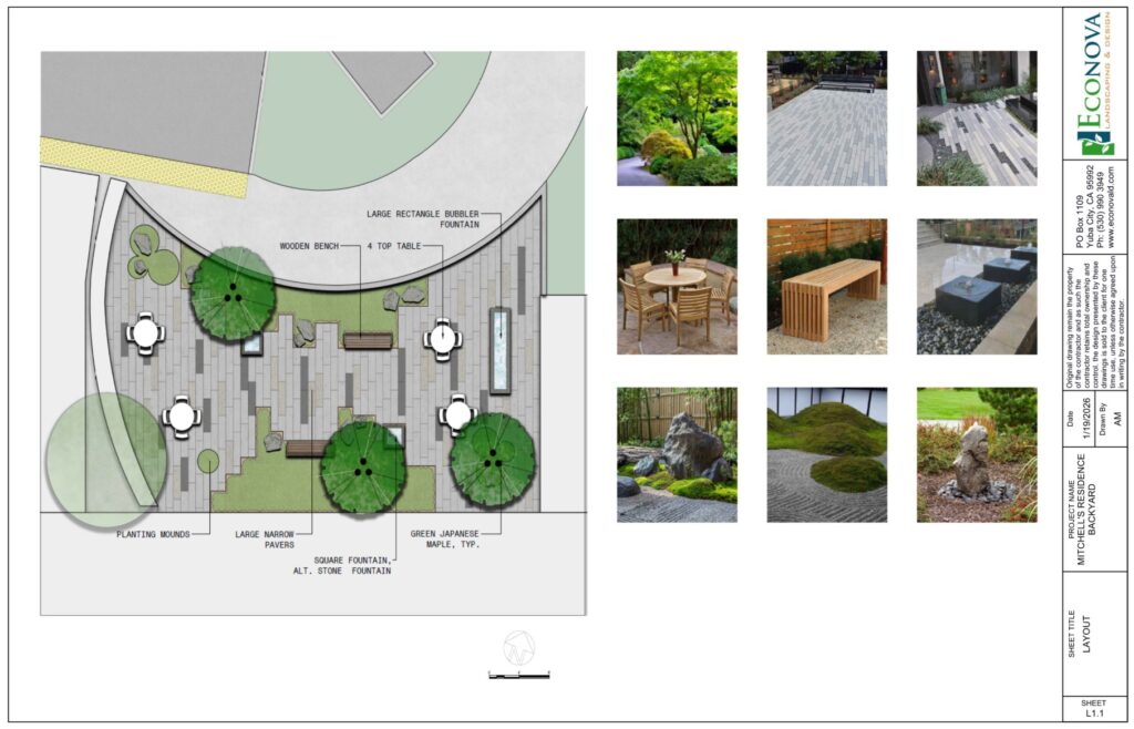Landscape patio design plan with material samples