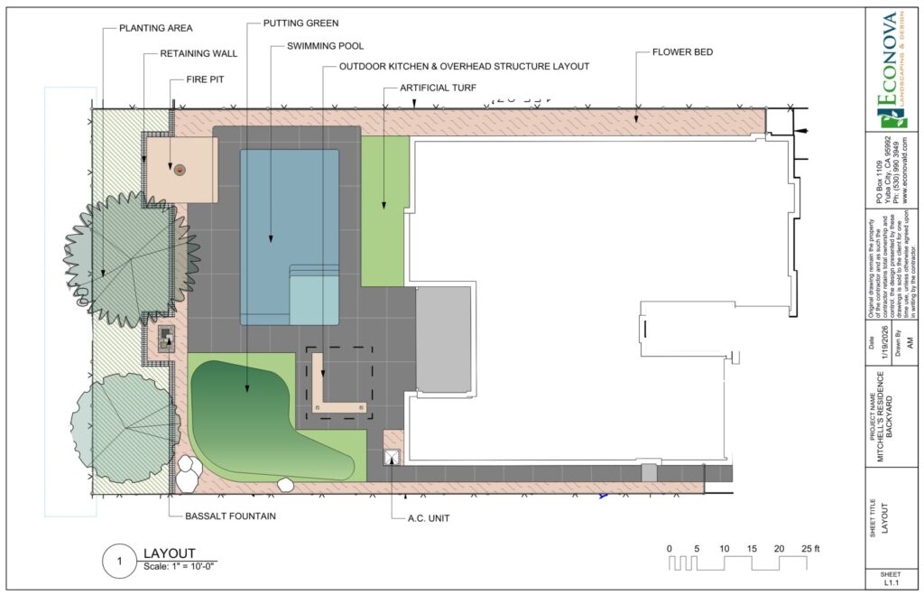 Aerial residential landscape plan with pool, putting green